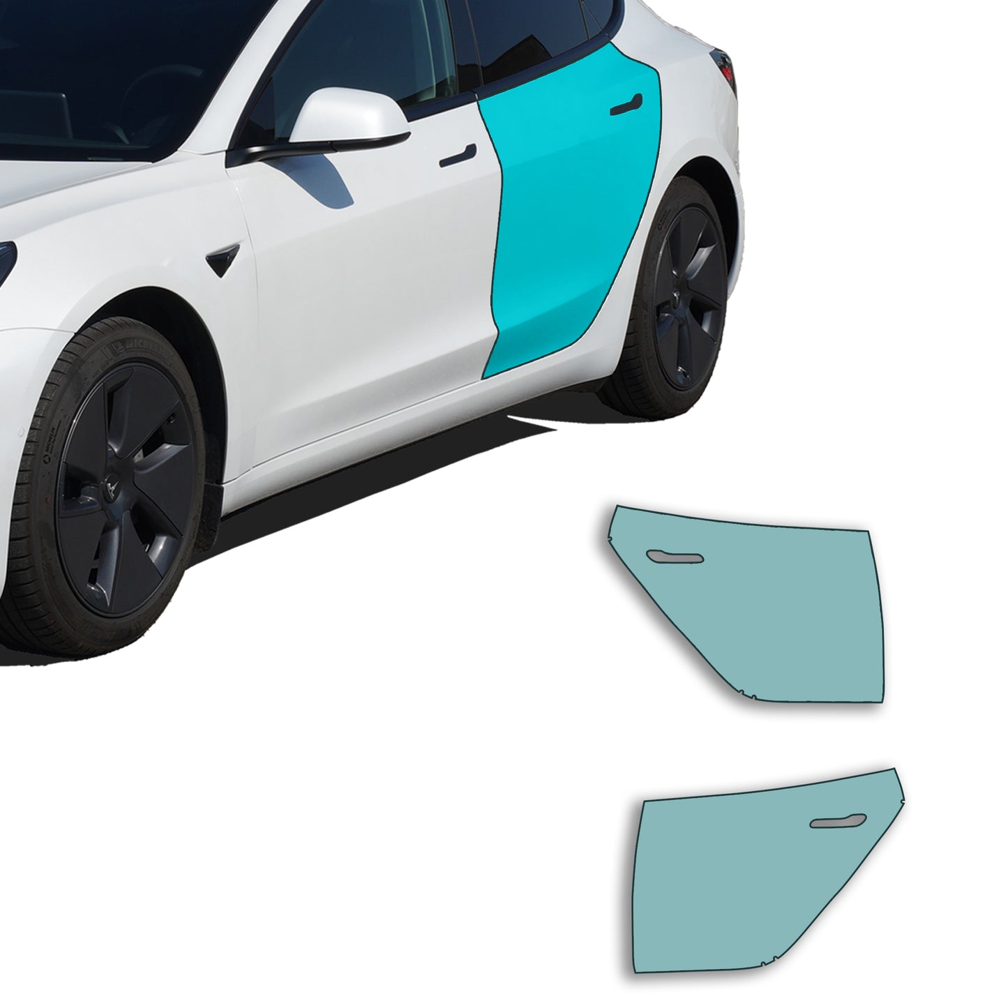 Snijcontouren van de deurfolies voor de beide achterdeuren van de Model 3