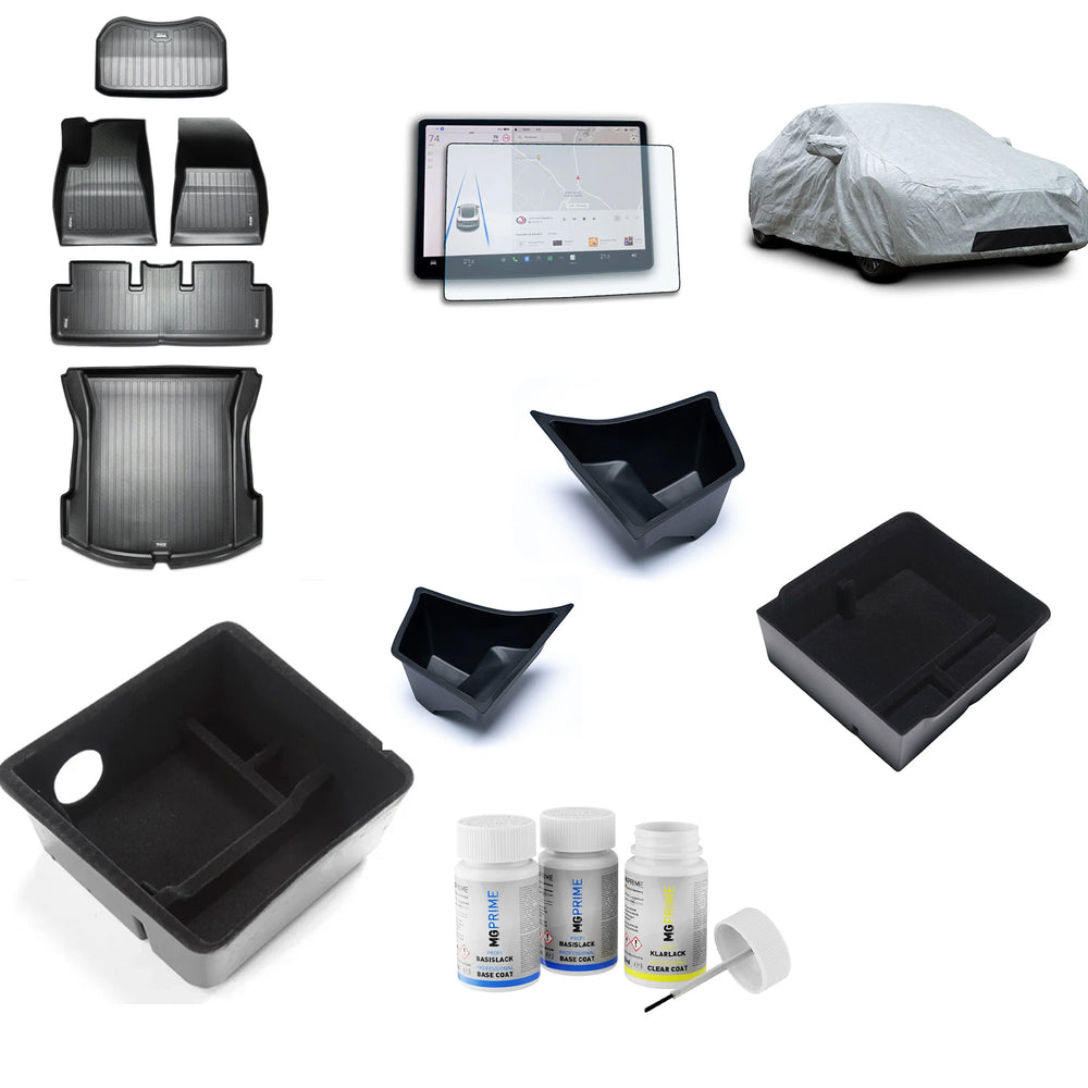Accessoires van Tesla-Protect: automatten, schermbescherming, opbergvakken, autohoes en lakstift