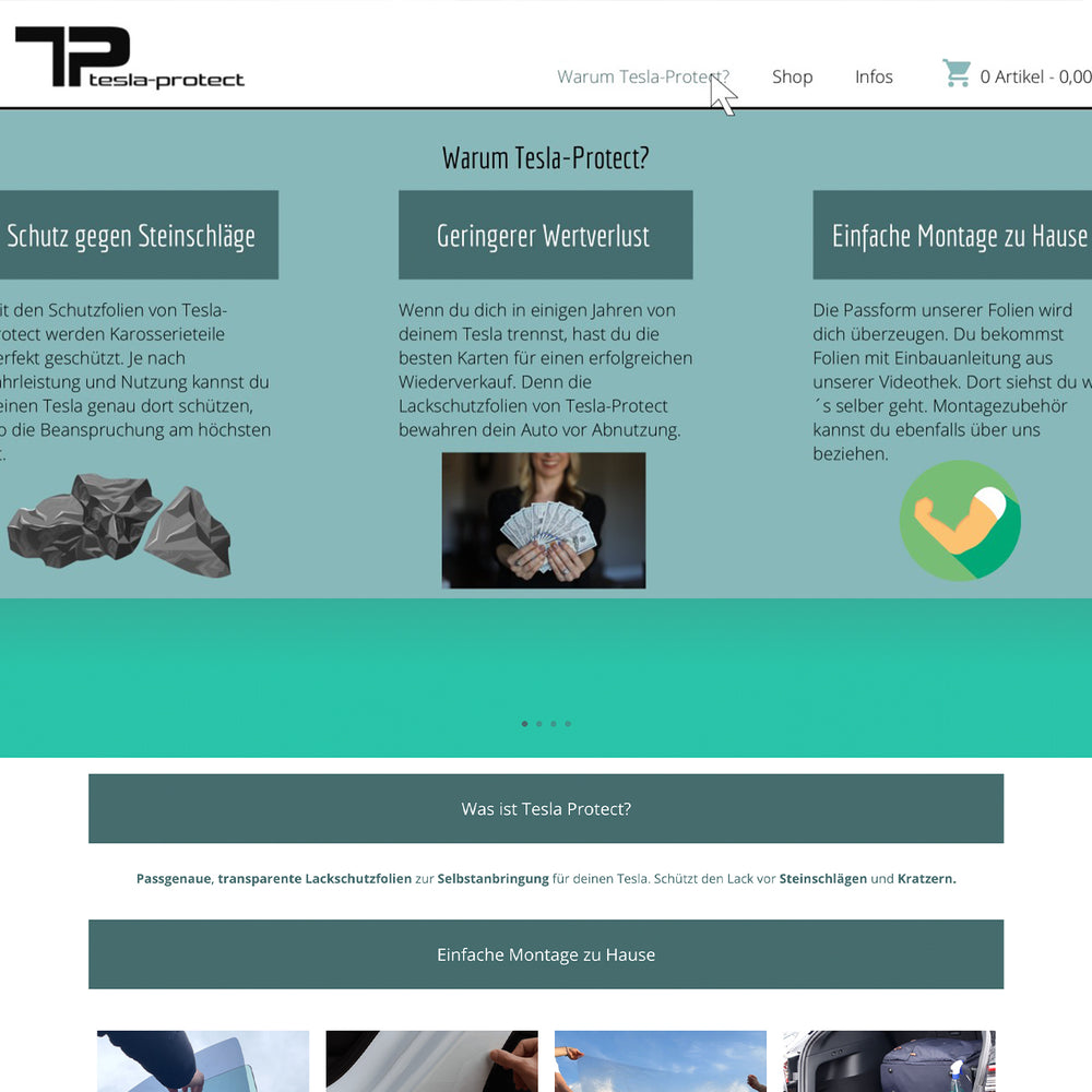 Schermafbeelding van de eerste versie van de webshop tesla-protect.at