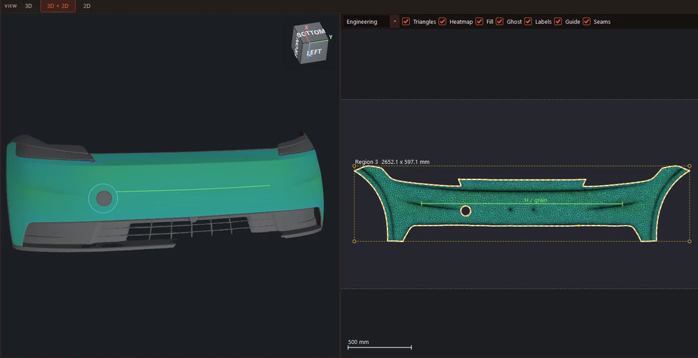 3D-scan van de bumper en het daaruit uitgevouwen snijpatroon voor de Tesla Model Y Standard